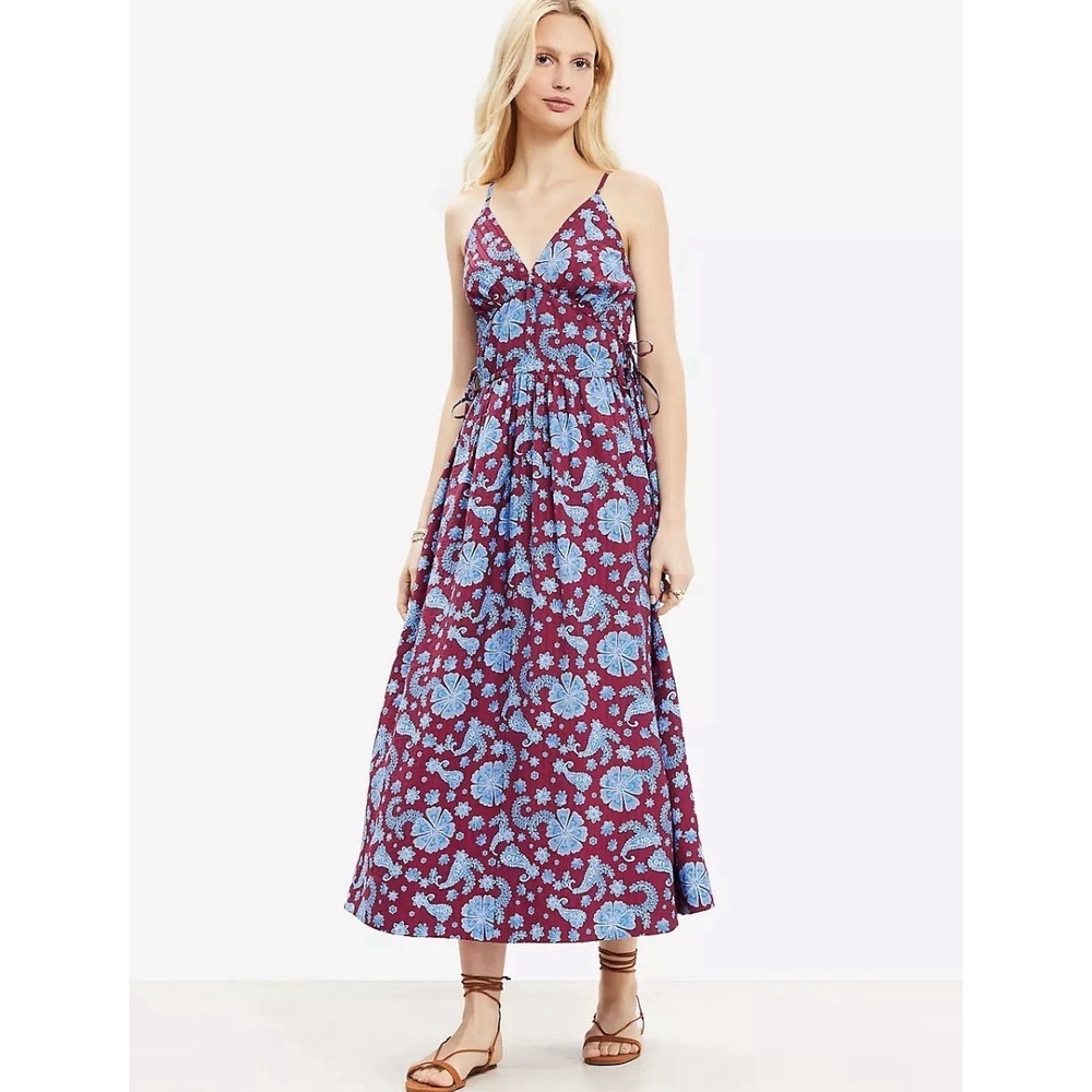 Loft‎ Floral Side Tie Midi Pocket Dress Stretch Bodice Red Blue Women's Size 4